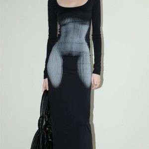 3D Body Print Maxi Dress - Y2K Aesthetic Clothing for Trendy Styles