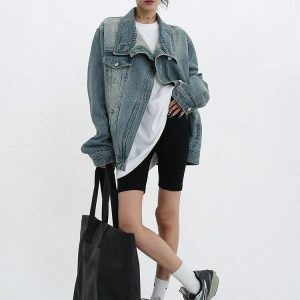 Acubi Asymmetrical Denim Jacket - Y2K Aesthetic Coquette Style