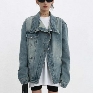 Acubi Asymmetrical Denim Jacket - Y2K Aesthetic Coquette Style