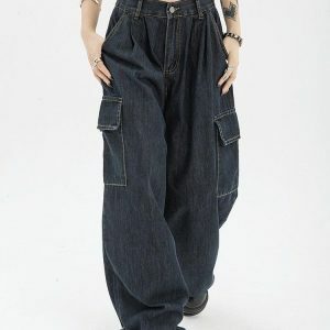 Acubi Dark Wash Cargo Jeans - Y2K Aesthetic & Coquette Style Essential