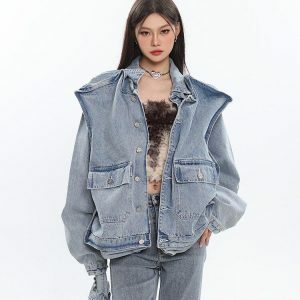 Asymmetric Design Denim Jacket - Y2K Aesthetic Clothing for Unique Styles