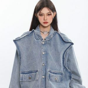 Asymmetric Design Denim Jacket - Y2K Aesthetic Clothing for Unique Styles