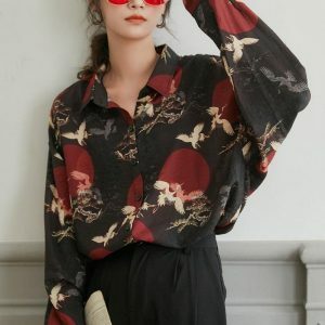 Bird Pattern Long Sleeve Shirt - Y2K Aesthetic Coquette Style Top