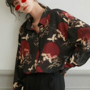 Bird Pattern Long Sleeve Shirt - Y2K Aesthetic Coquette Style Top