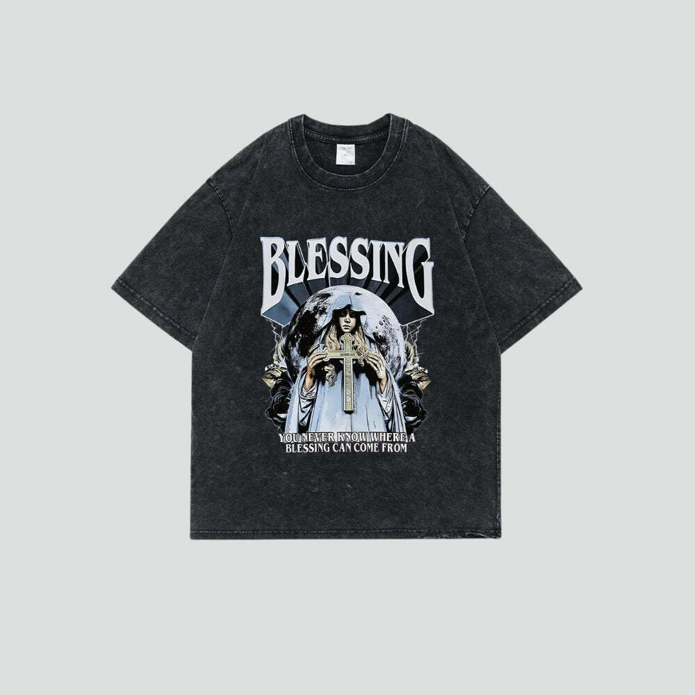 Blessing Tee: Y2K Aesthetic Graphic Top for Coquette & Goth Styles