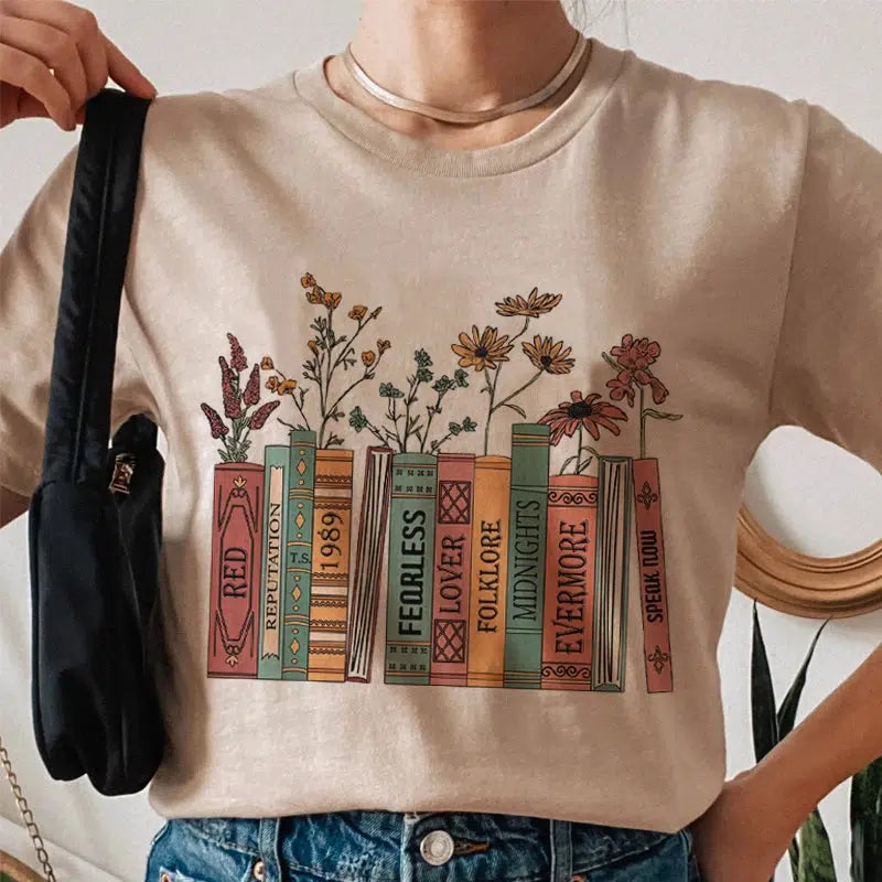 Books & Flowers Y2K Aesthetic Tee - Coquette Style Graphic Top