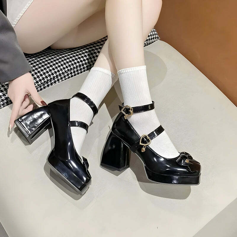 Bow & Heart Coquette Mary Jane High Heels - Y2K Aesthetic Footwear