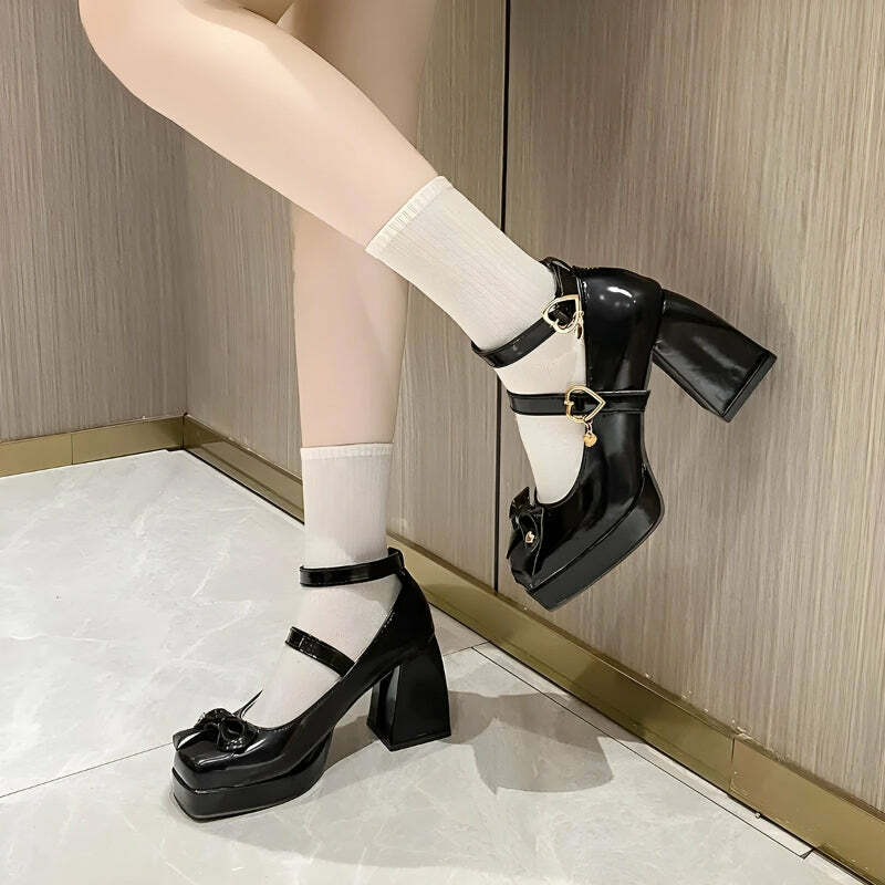 Bow & Heart Coquette Mary Jane High Heels - Y2K Aesthetic Footwear