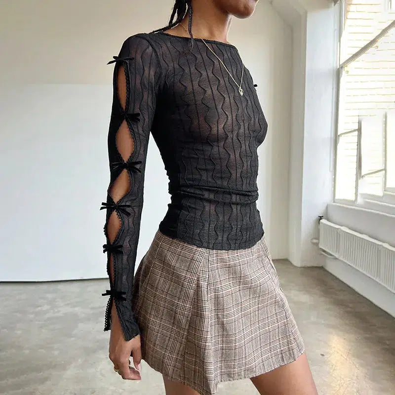 Bow Sleeve Sheer Top - Y2K Aesthetic Clothing for Trendy Outfits