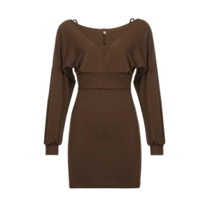 Brown Knitted Mini Dress - Y2K Aesthetic Coquette Style Outfit