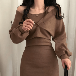 Brown Knitted Mini Dress - Y2K Aesthetic Coquette Style Outfit