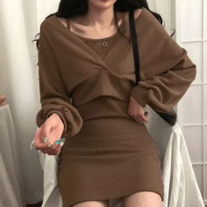 Brown Knitted Mini Dress - Y2K Aesthetic Coquette Style Outfit