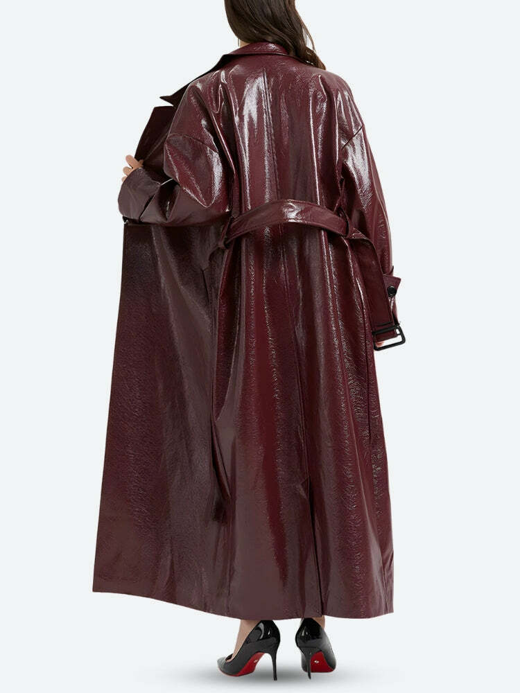 Burgundy Faux Leather Coat - Y2K Aesthetic Outerwear for Trendy Looks