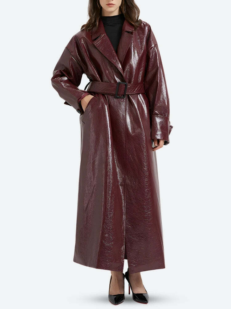 Burgundy Faux Leather Coat - Y2K Aesthetic Outerwear for Trendy Looks