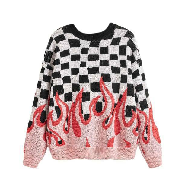 Checkered Flames Sweater - Y2K Aesthetic Clothing for Trendy Outfits