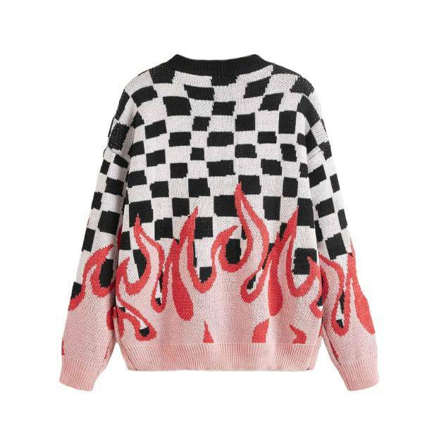 Checkered Flames Sweater - Y2K Aesthetic Clothing for Trendy Outfits