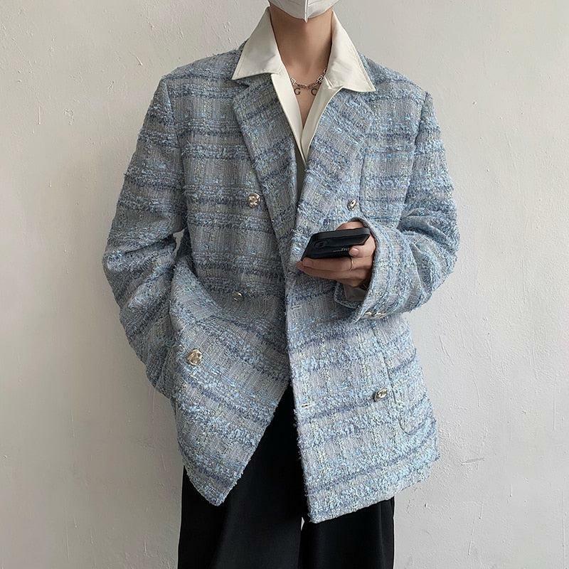 Chic Lapel Collar Blue Tweed Blazer for Y2K Aesthetic Outfits