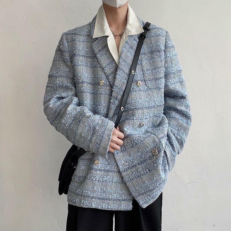 Chic Lapel Collar Blue Tweed Blazer for Y2K Aesthetic Outfits