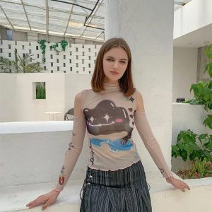 Cloud Monster Mesh Top - Y2K Aesthetic Clothing for Unique Styles