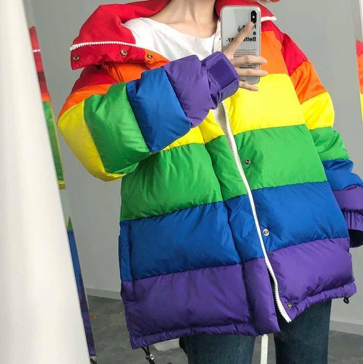 Colorful Y2K Aesthetic Puffy Rainbow Jacket for Trendy Outfits