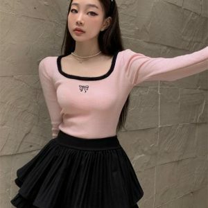 Coquette Bow Fluffy Neck Top - Y2K Aesthetic Clothing for Trendy Styles