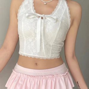 Coquette Bow Halter Neck Top - Y2K Aesthetic Clothing for Trendy Outfits