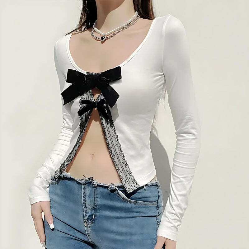 Coquette Bow Open Front Top - Y2K Aesthetic Clothing for Trendy Styles