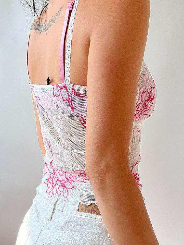 Coquette Floral Mesh Top with Lace Straps - Y2K Aesthetic Clothing