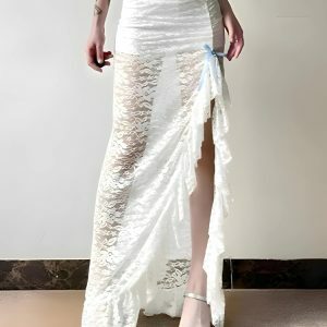 Coquette Lace Ruffled Slit Maxi Skirt - Y2K Aesthetic Fashion Statement