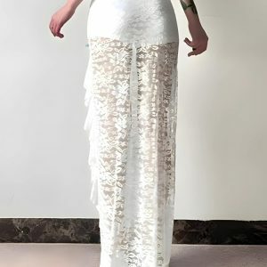 Coquette Lace Ruffled Slit Maxi Skirt - Y2K Aesthetic Fashion Statement