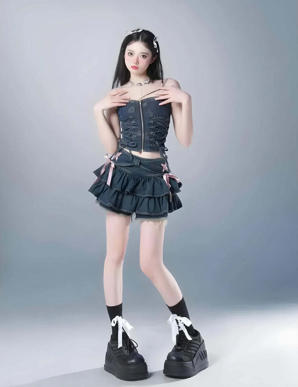 Coquette Low Rise Denim Mini Skort - Y2K Aesthetic Clothing Essential