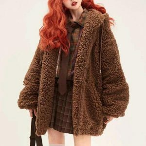 Coquette Teddy Bear Jacket - Y2K Aesthetic Outerwear for Trendy Looks