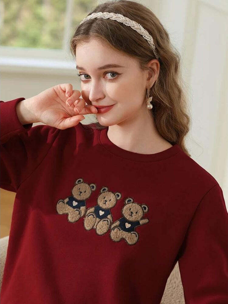 Coquette Y2K Aesthetic Teddy Bears Embroidered Sweatshirt