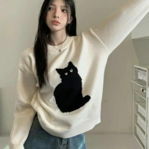 Coquette Y2K Cat Sweater: Aesthetic Outfit for Trendy Styles