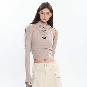 Cowl Collar Cut-Out Crop Top - Y2K Coquette Aesthetic Clothing