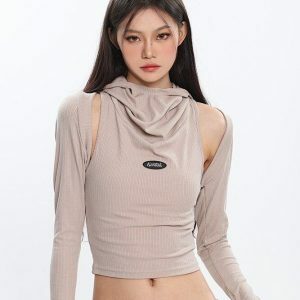 Cowl Collar Cut-Out Crop Top - Y2K Coquette Aesthetic Clothing