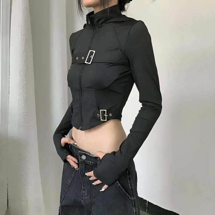 Cyberpunk Belted Zip-Up Crop Jacket - Y2K Aesthetic Clothing