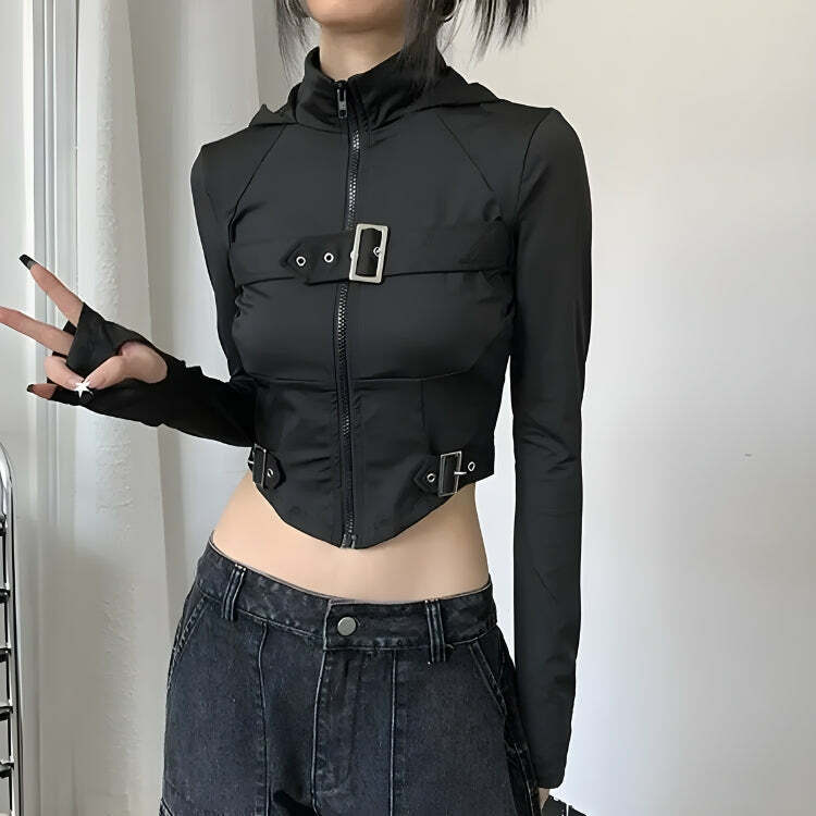 Cyberpunk Belted Zip-Up Crop Jacket - Y2K Aesthetic Clothing