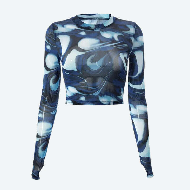 Cyberpunk Blue Aura Sheer Top - Y2K Aesthetic Clothing for Unique Styles