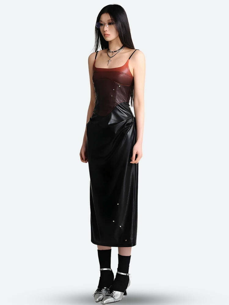 Cyberpunk Faux Leather Midi Dress - Y2K Aesthetic & Coquette Style