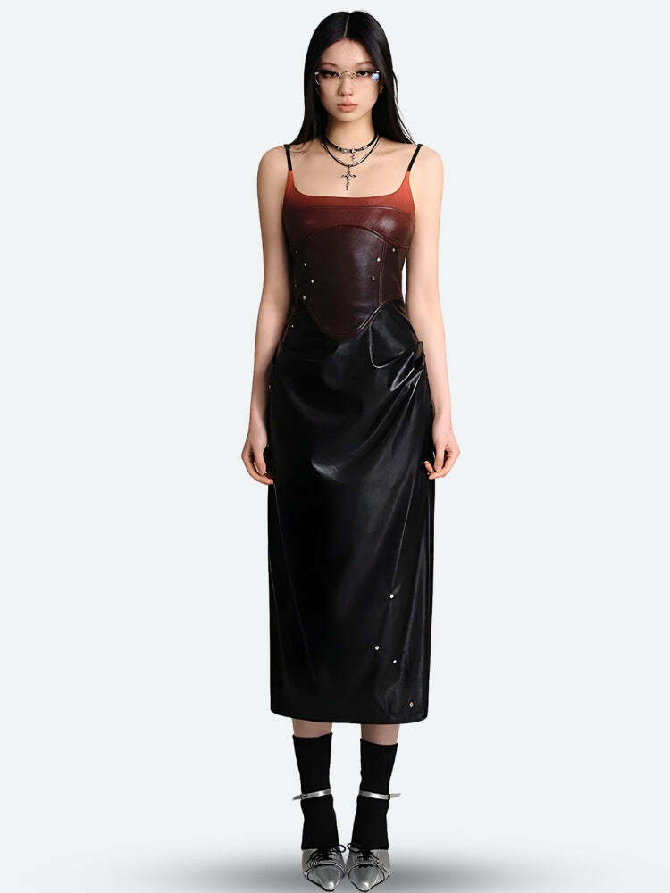 Cyberpunk Faux Leather Midi Dress - Y2K Aesthetic & Coquette Style