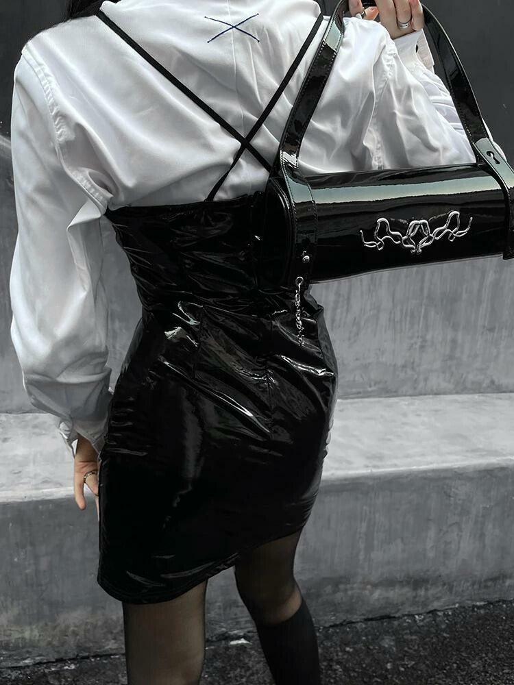 Cyberpunk Faux Patent Leather Mini Dress - Y2K Aesthetic Fashion