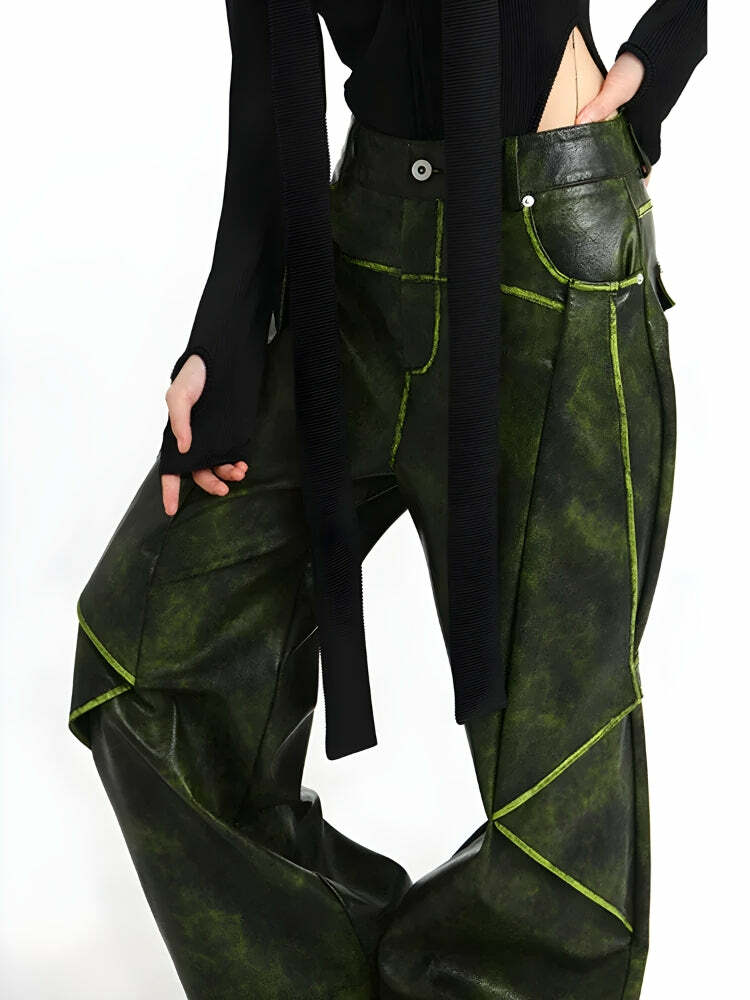 Cyberpunk Forest Faux Leather Pants - Y2K Aesthetic Clothing