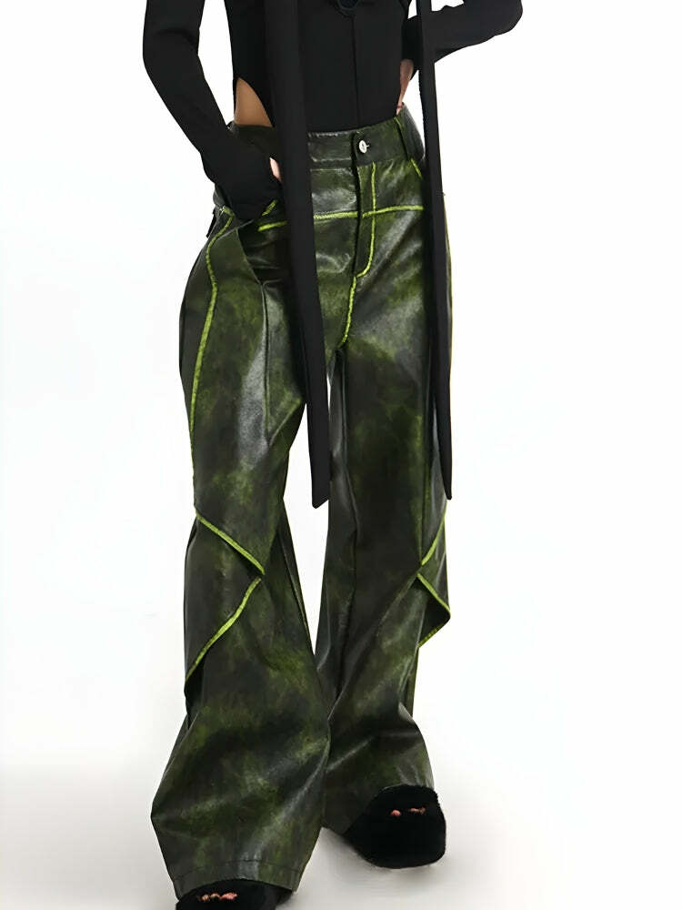 Cyberpunk Forest Faux Leather Pants - Y2K Aesthetic Clothing