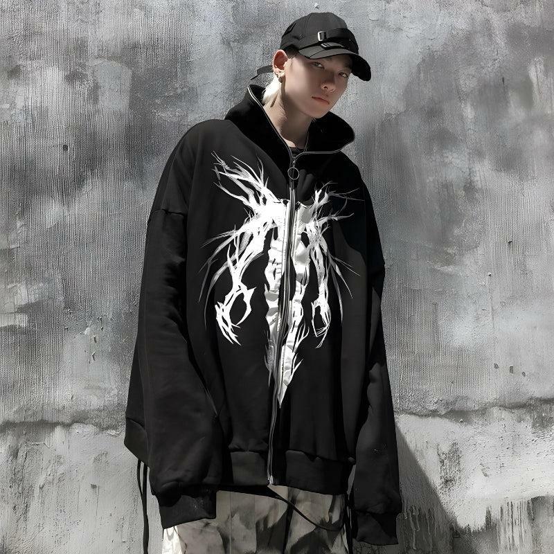 Cyberpunk Ghost Full Zip-Up Hoodie - Y2K Aesthetic Clothing Essential