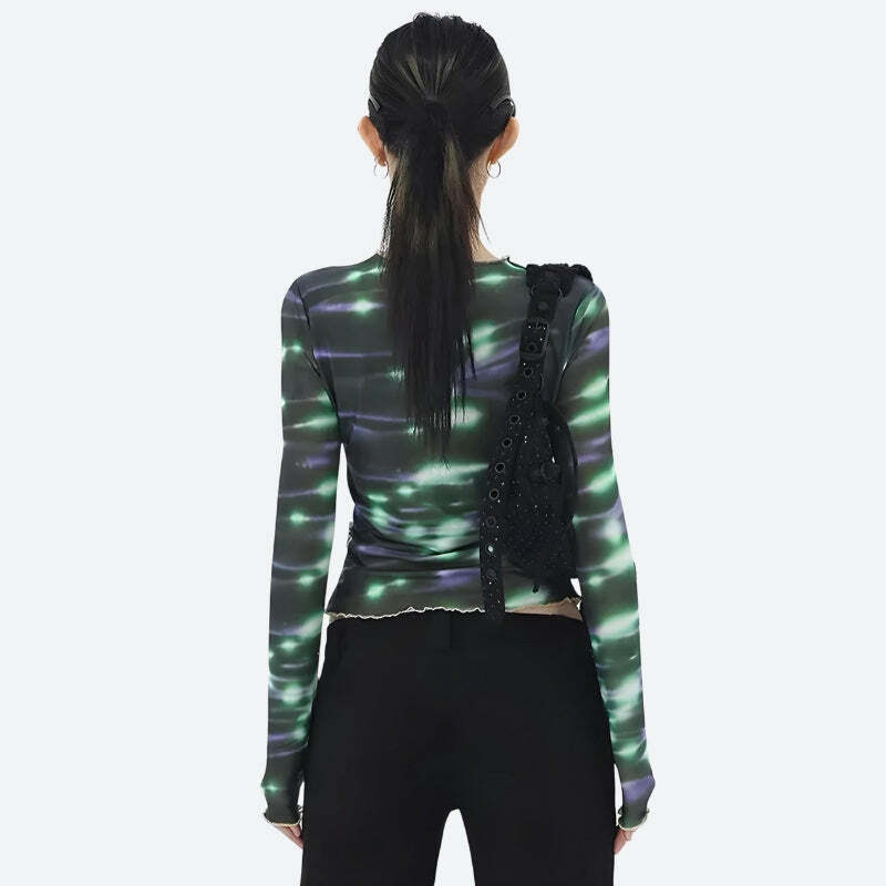 Cyberpunk Green Lights Mesh Top - Y2K Aesthetic Clothing for Unique Styles