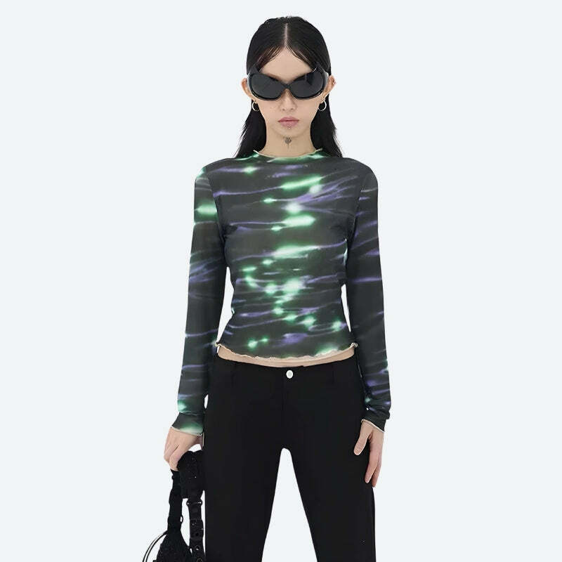 Cyberpunk Green Lights Mesh Top - Y2K Aesthetic Clothing for Unique Styles