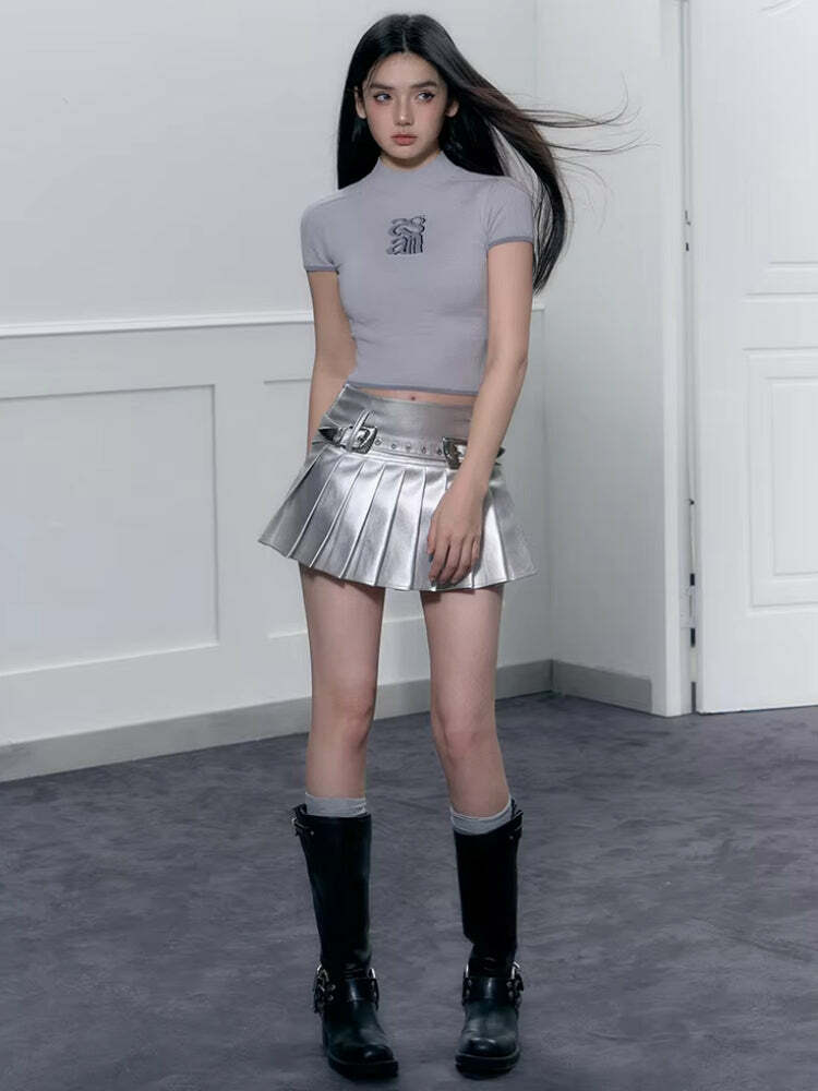 Cyberpunk Metallic Mini Skirt - Y2K Aesthetic Clothing for Trendy Looks