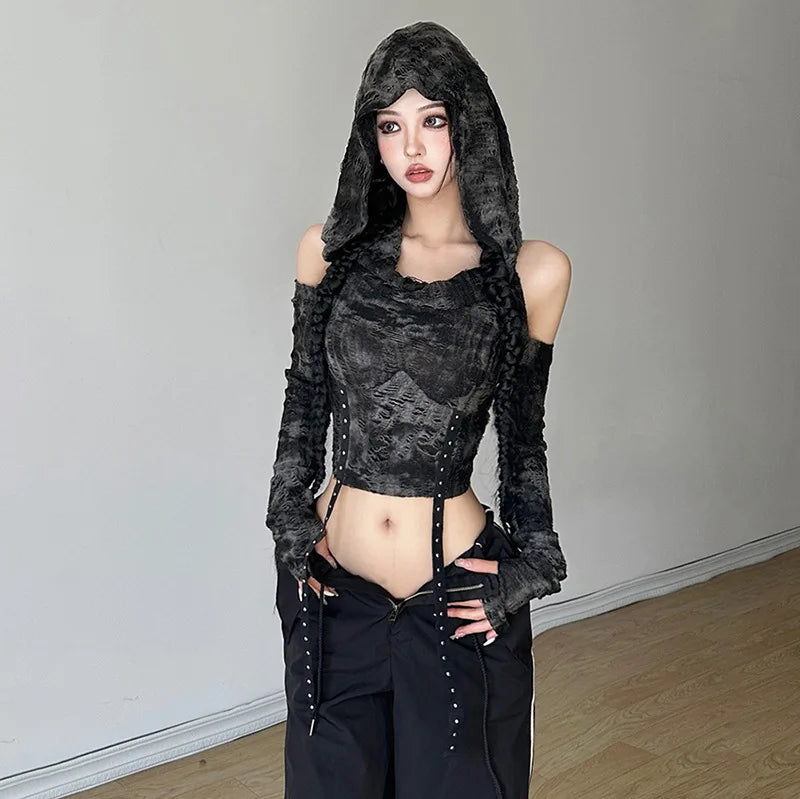 Cyberpunk Off-Shoulder Hooded Top - Y2K Aesthetic Clothing for Unique Styles