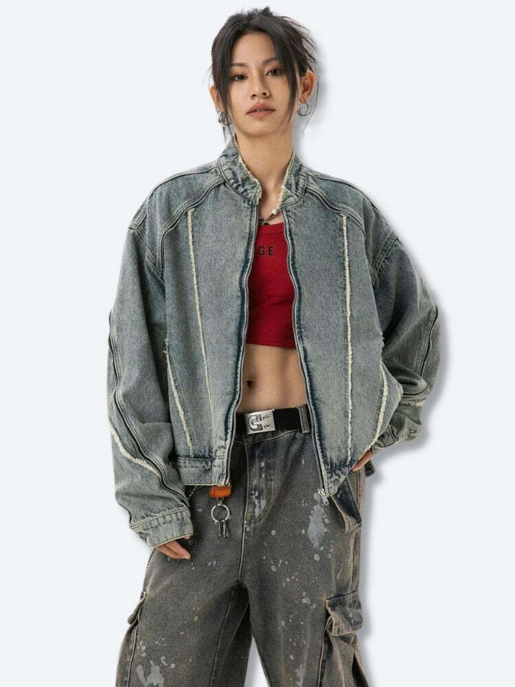 Cyberpunk Y2K Denim Jacket - Aesthetic Style for Trendy Outfits